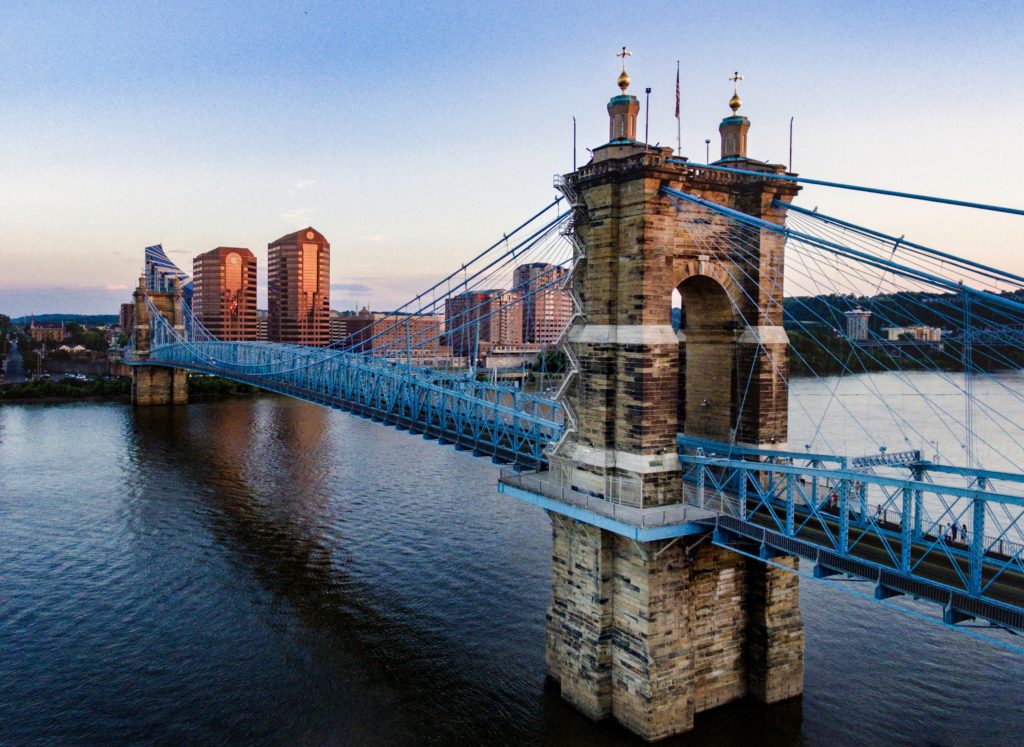 A picture of the Roebling Suspension Bridge, which spans the Ohio River and connects Cincinnati, Ohio with Covington, Kentucky.